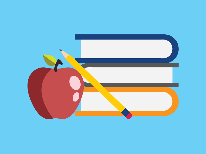 Illustration of an apple, pencil, and books